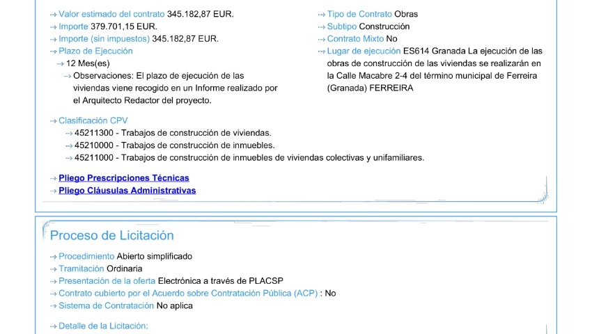 EL AYUNTAMIENTO DE FERREIRA SACA A LICITACIÓN EL CONTRATO PARA LA CONSTRUCCIÓN DE TRES VIVIENDAS DE PROTECCIÓN OFICIAL EL AYUNTAMIENTO DE FERREIRA SACA A LICITACIÓN EL CONTRATO PARA LA CONSTRUCCIÓN DE TRES VIVIENDAS DE PROTECCIÓN OFICIAL