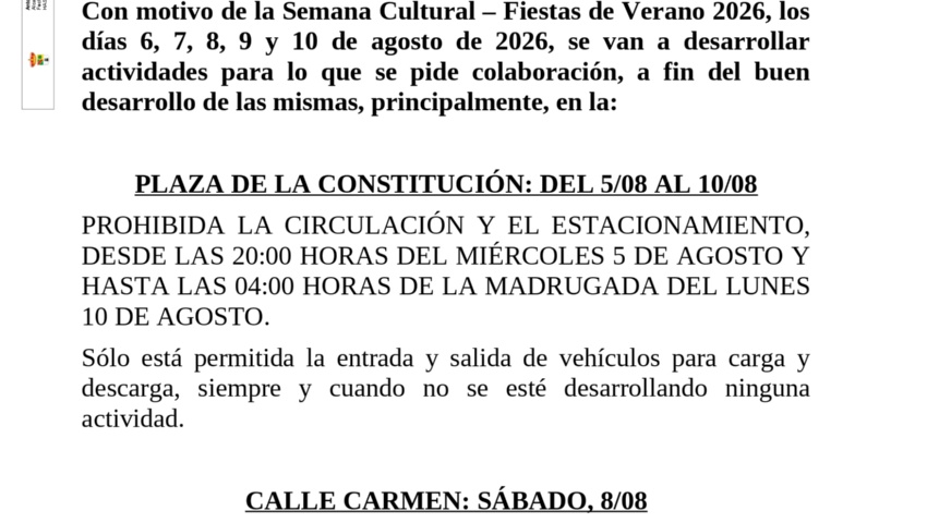 La Plaza de la Constitución y la calle Carmen sufrirán restricciones de tráfico y prohibiciones de aparcamiento durante la Semana Cultural 2026