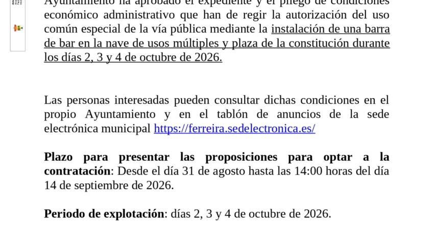 ABIERTO EL PLAZO PARA LA EXPLOTACIÓN DE LA BARRA – FIESTAS SAN FRANCISCO DE ASIS 2026