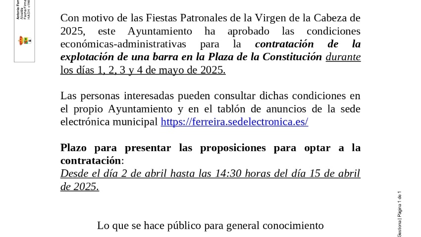 BANDO EXPLOTACIÓN DE LA BARRA EN LAS FIESTAS PATRONALES DE LA VIRGEN DE LA CABEZA 2025