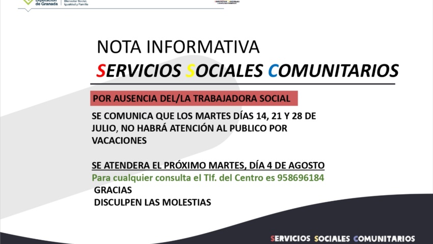 LOS SERVICIOS SOCIALES COMUNITARIOS ATENDERÁN A PARTIR DEL 4 DE AGOSTO