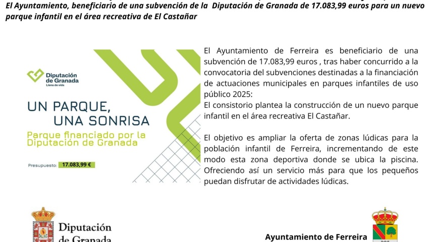 El Ayuntamiento, beneficiario de una subvención de 17.083,99 euros para un nuevo parque infantil