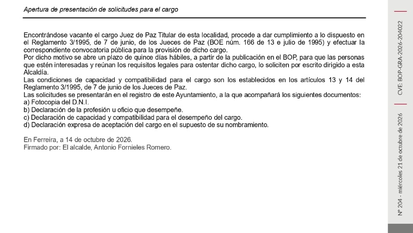 Apertura de presentación de solicitudes para el cargo: Hasta el 12 de noviembre, incluido. Apertura de presentación de solicitudes para el cargo: Hasta el 12 de noviembre, incluido.