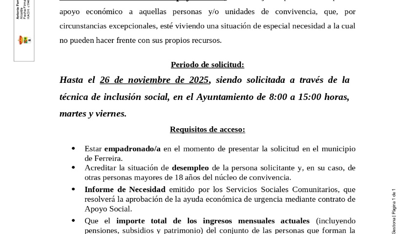 FERREIRA RECIBE EL APOYO FINANCIERO DE LA UE-PROGRAMA DUS 5000 POR 120.120,84 EUROS