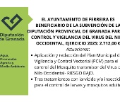 FERREIRA, BENEFICIARIA DE UNA SUBVENCIÓN DE LA DIPUTACIÓN PARA PREVENIR EL VIRUS DEL NILO