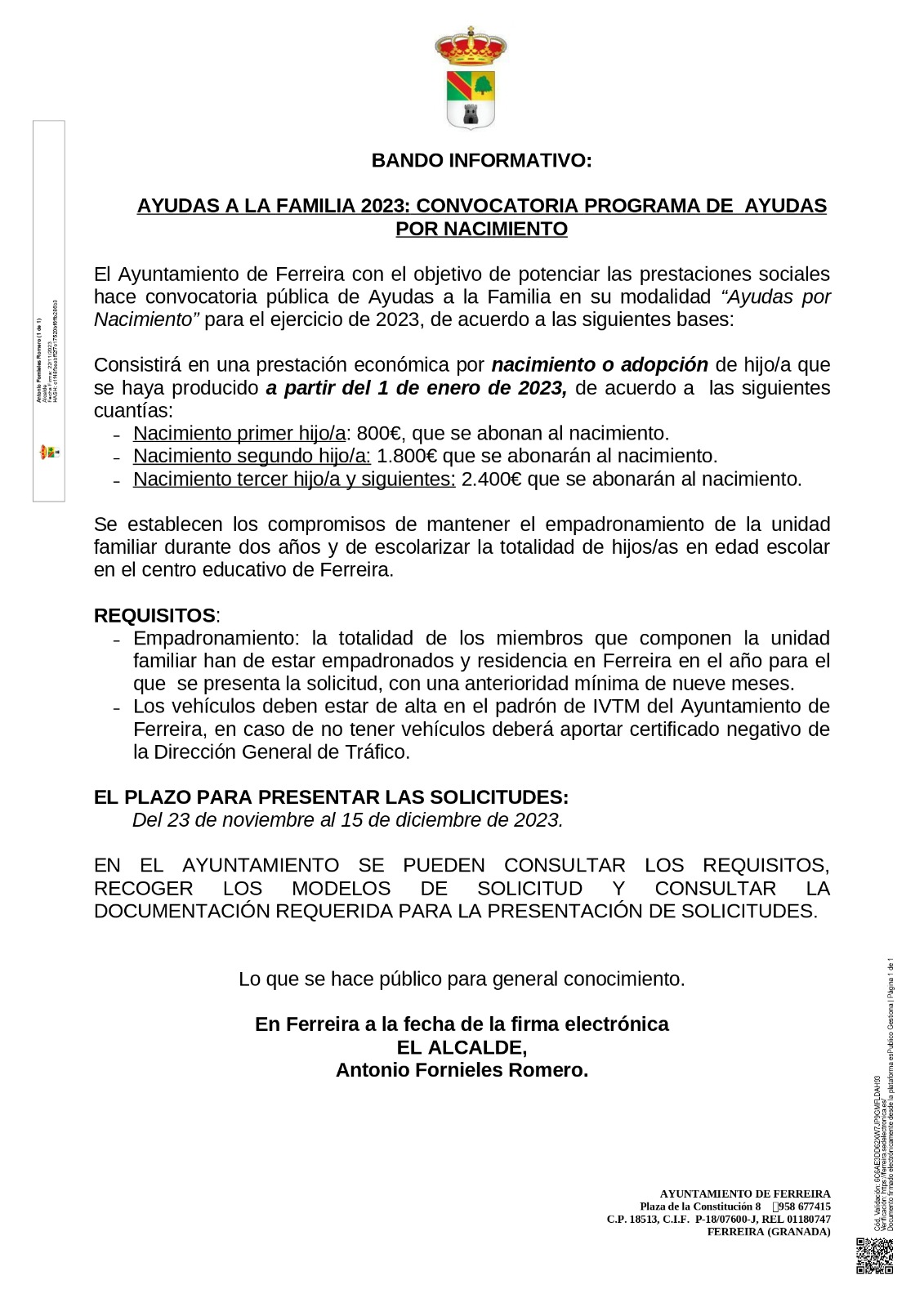 El Ayuntamiento de Ferreira convoca las Ayudas por nacimiento 2023