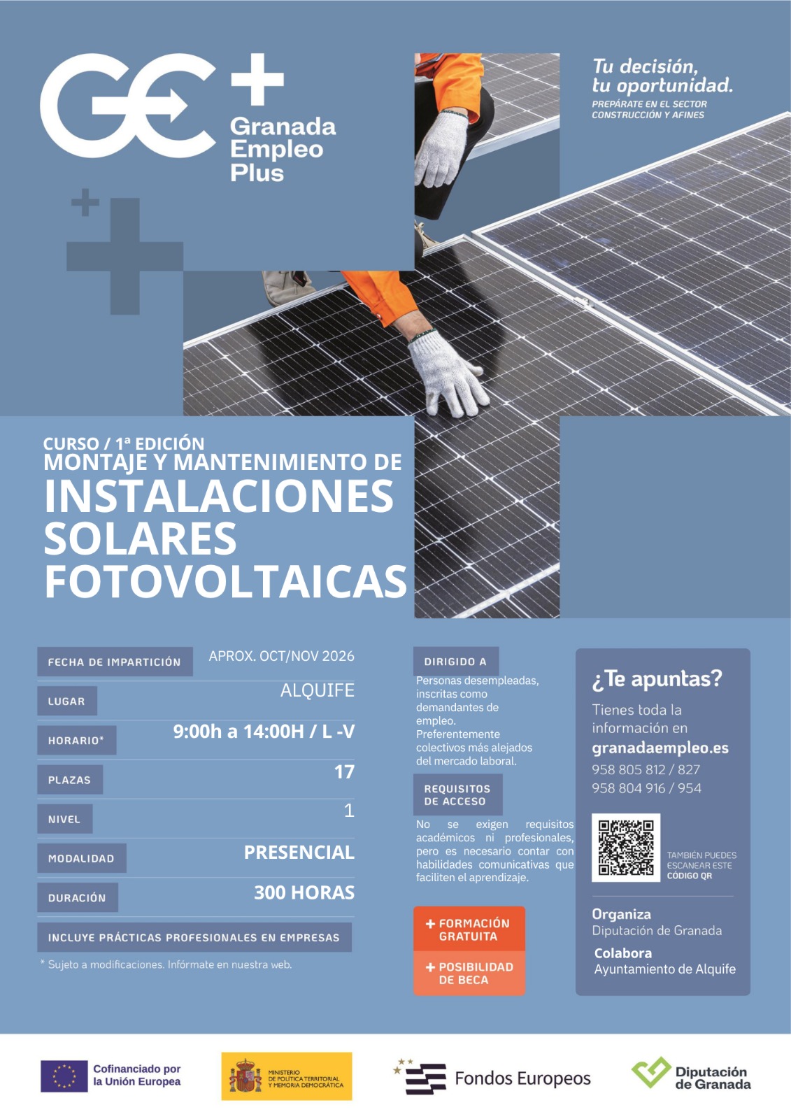 CURSO GRATUITO DE «MONTAJE Y MANTENIMIENTO DE INSTALACIONES SOLARES FOTOVOLTAICAS» EN ALQUIFE